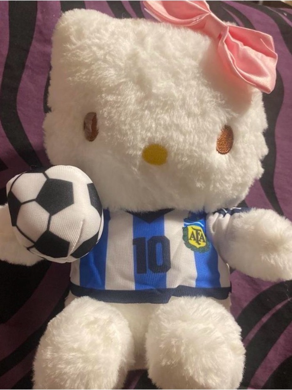 Sanrio Hello Kitty White Plush with Pink Bow & Blue Striped Soccer Jersey